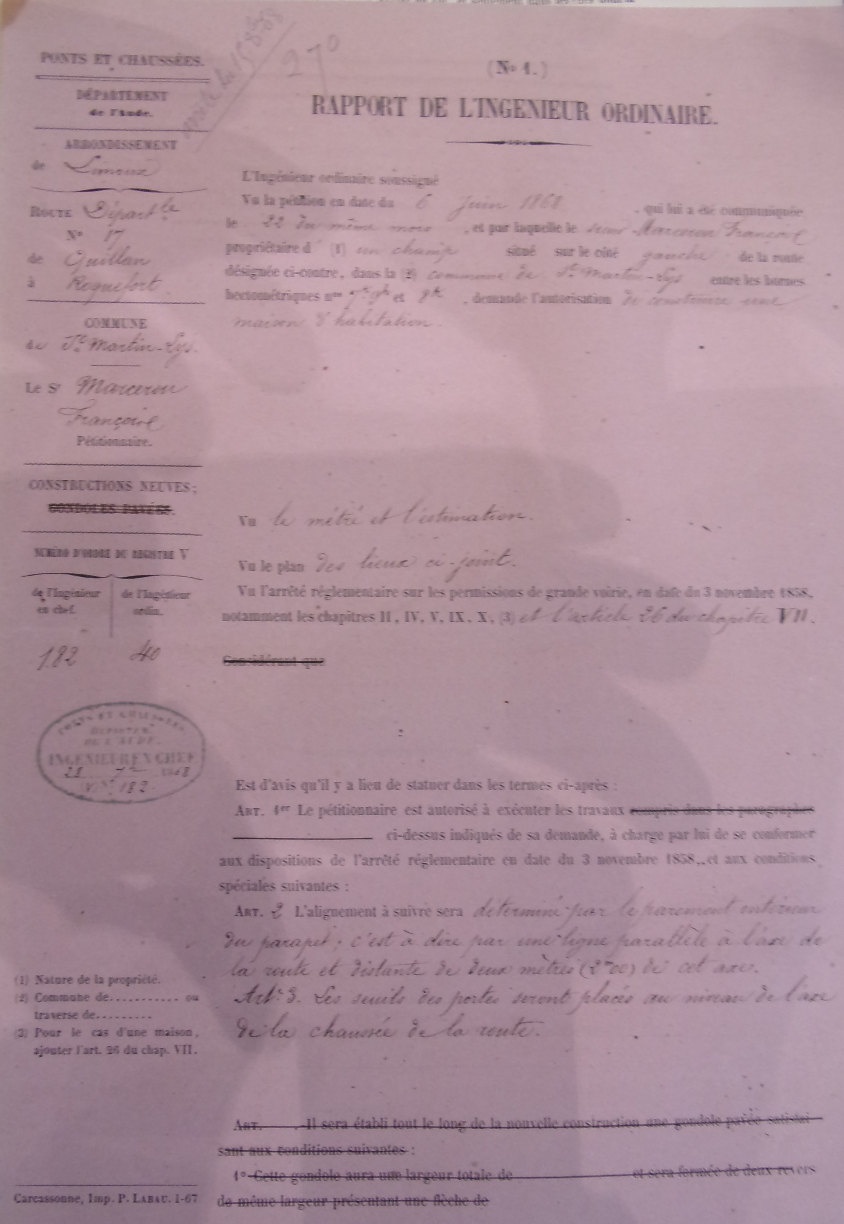 Demande de création d'une auberge sur la route départementale 17 par François Marcerou - Rapport de l'ingénieur ordinaire du 26 septembre 1868 - 1