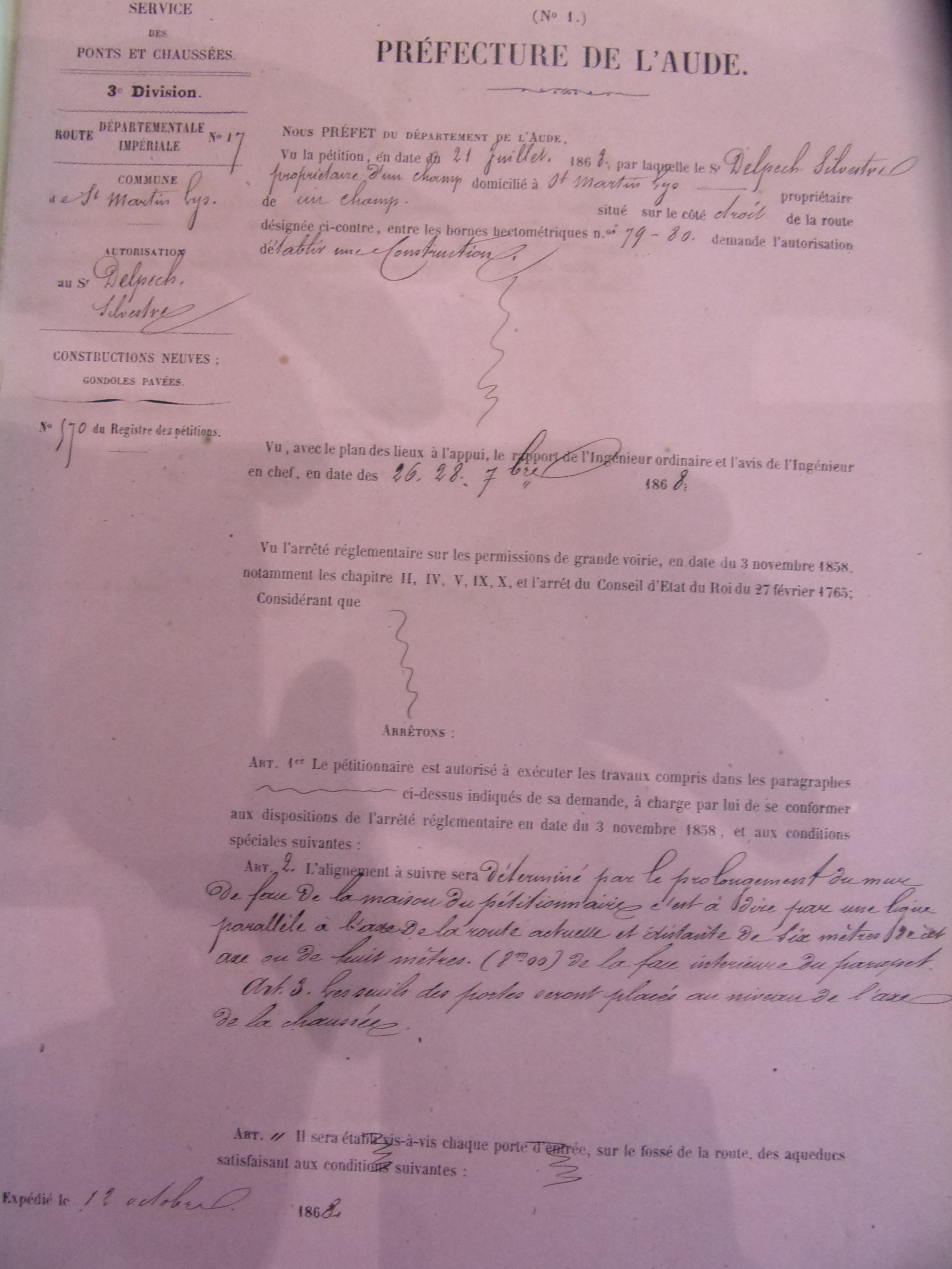 Création d'une construction à Saint Martin Lys sur la route départementale 17 par Sylvestre Delpech - Arrété d'Autorisation du 12 octobre 1868 - 1