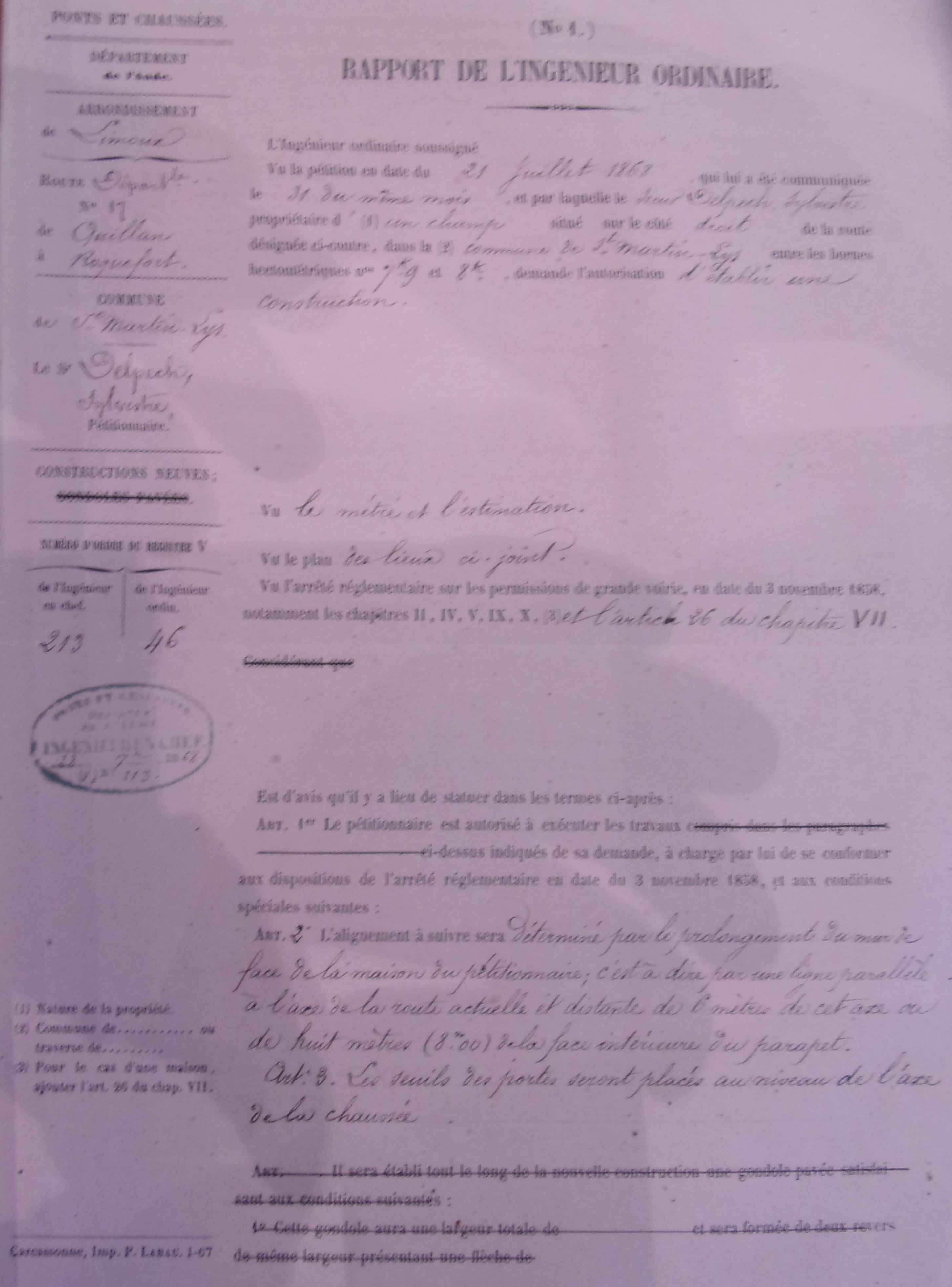 Création d'une construction à Saint Martin Lys sur la route départementale 17 par Sylvestre Delpech - Rapport de l'ingénieur ordinaire du 26 septembre 1868 - 1