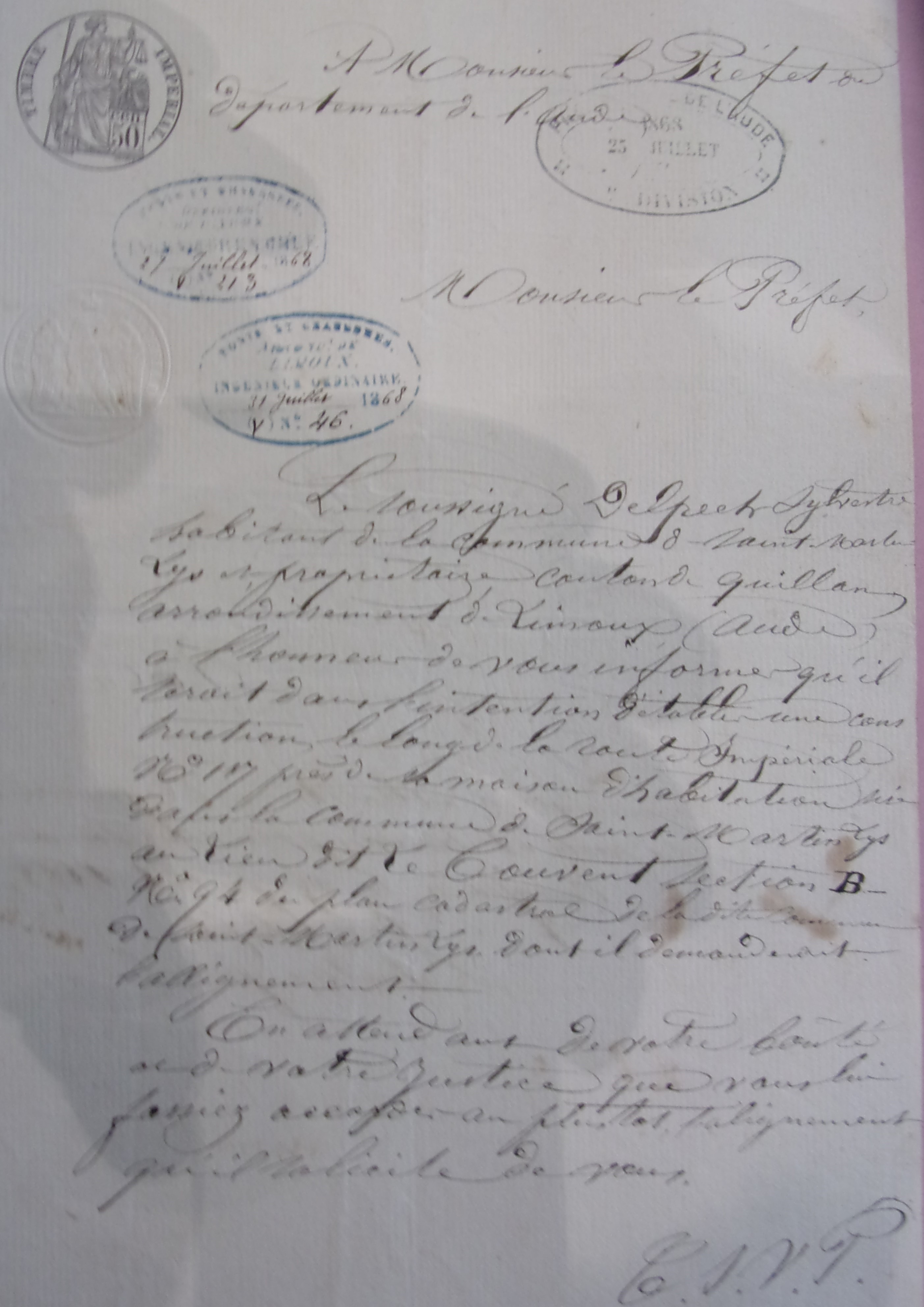 Création d'une construction à Saint Martin Lys sur la route départementale 17 par Sylvestre Delpech -  Courrier du maire de Saint-Martin du 21 juillet 1868