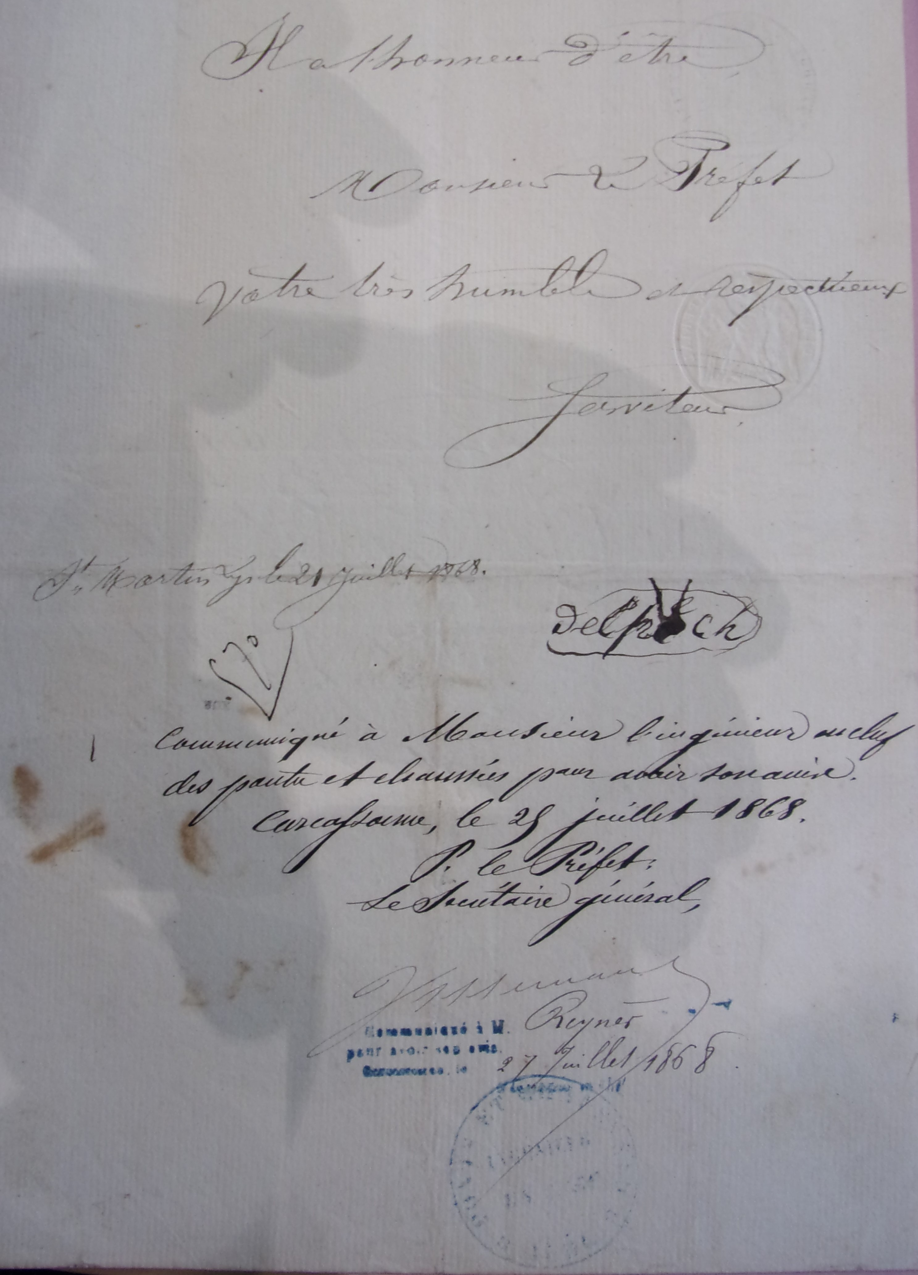 Création d'une construction à Saint Martin Lys sur la route départementale 17 par Sylvestre Delpech -  Courrier du maire de Saint-Martin du 21 juillet 1868