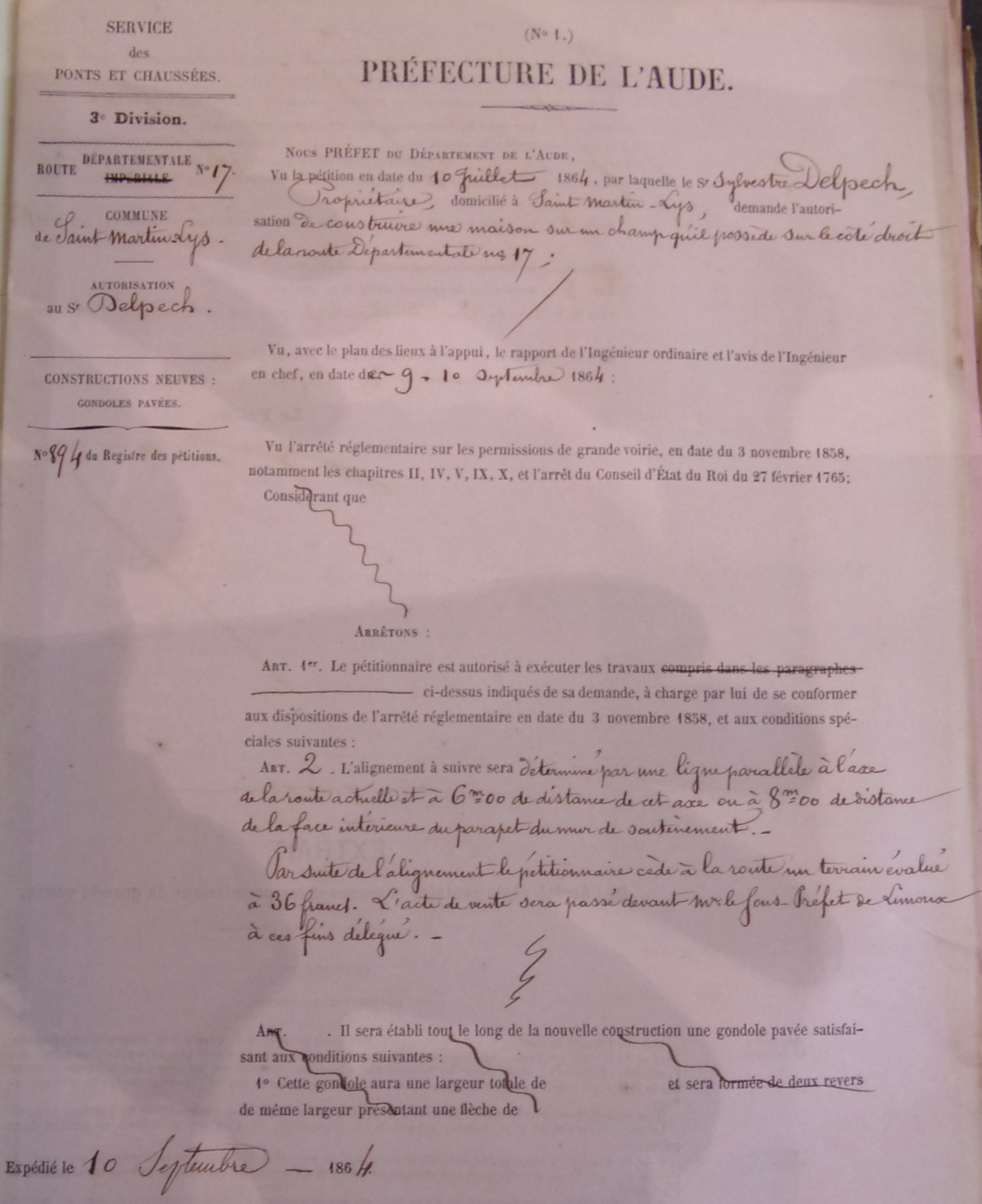 Création d'une construction à Saint Martin Lys sur la route départementale 17 par Sylvestre Delpech - Arrété d'Autorisation du 10 septembre 1864 - 1