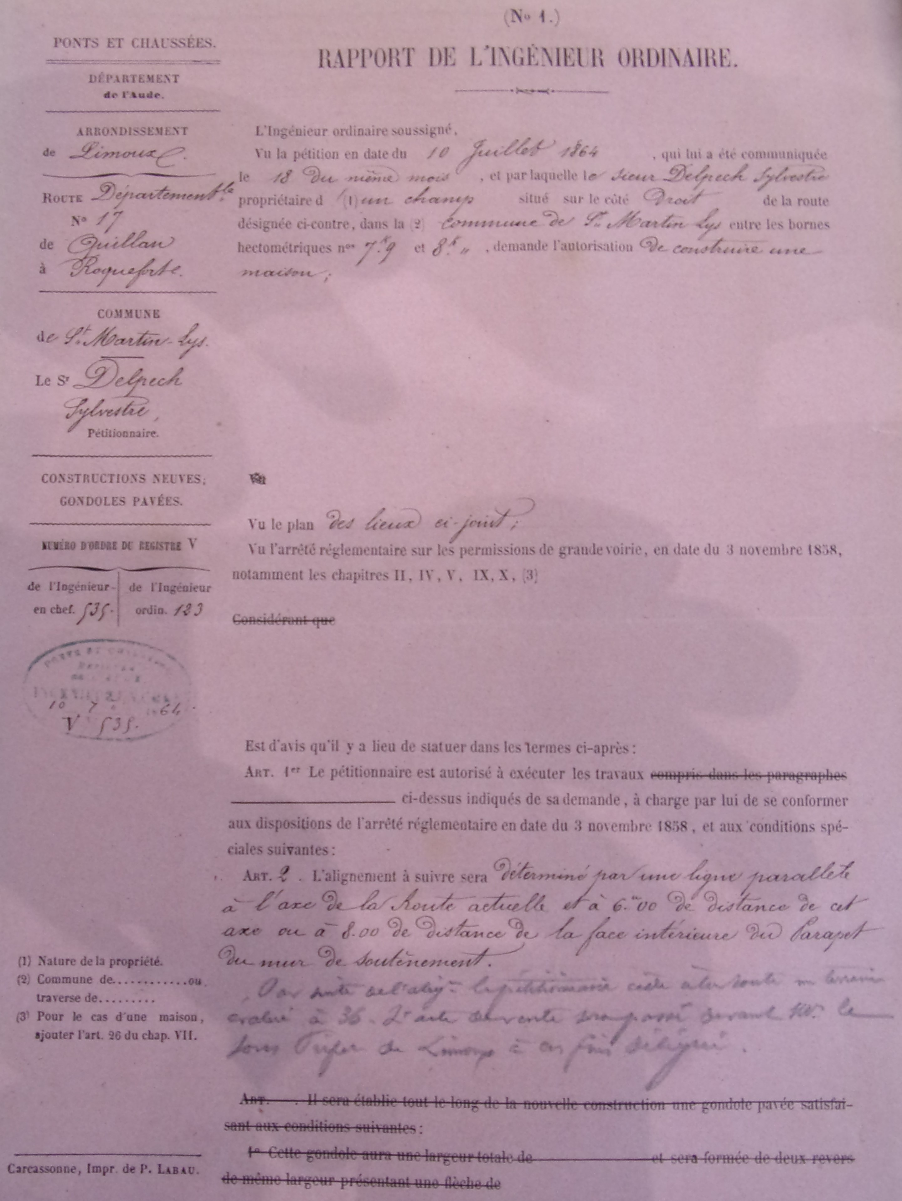 Création d'une construction à Saint Martin Lys sur la route départementale 17 par Sylvestre Delpech - Rapport de l'ingénieur ordinaire du 9 septembre 1864 - 1