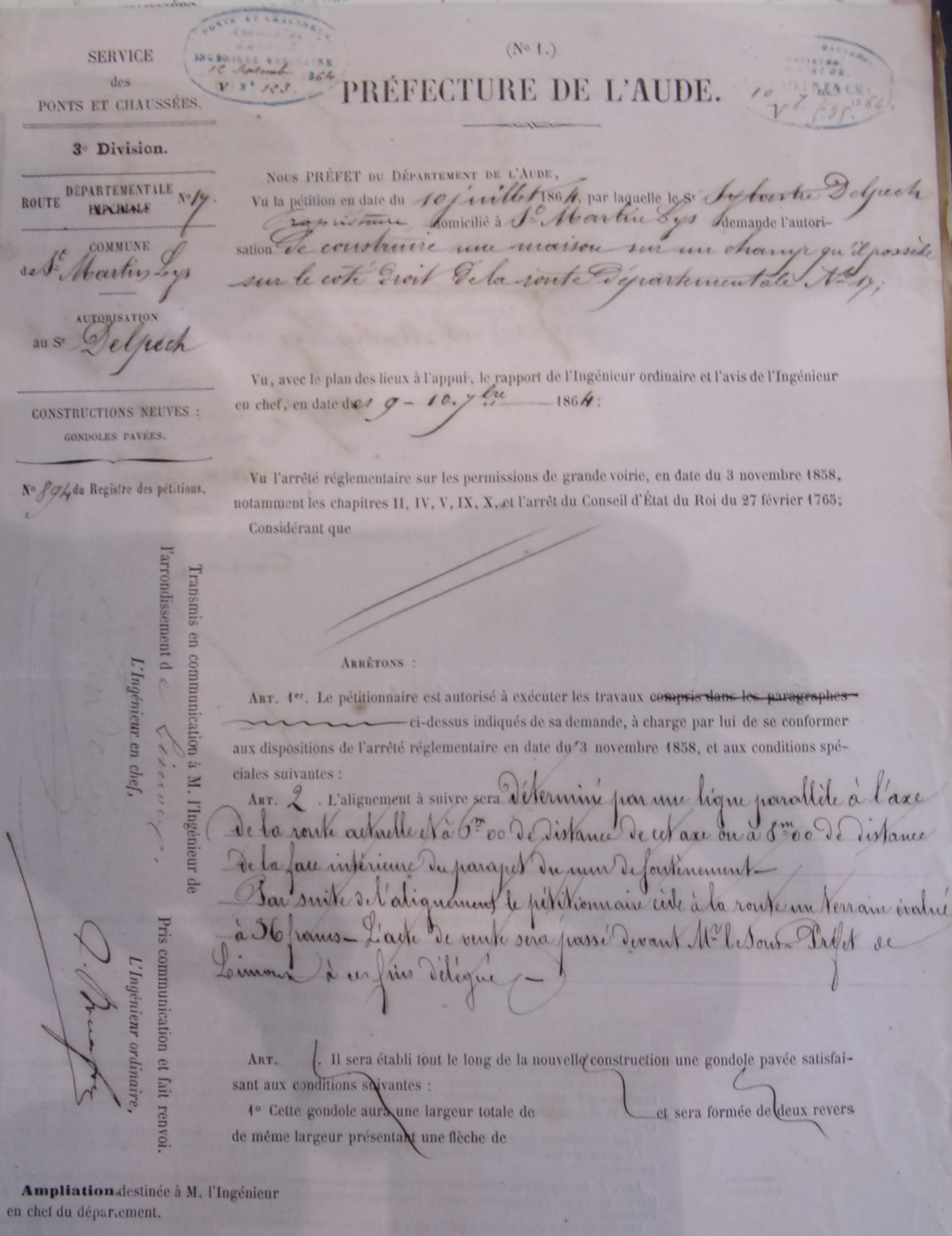 Création d'une construction à Saint Martin Lys sur la route départementale 17 par Sylvestre Delpech - Arrété d'Autorisation du 10 septembre 1864 - 2