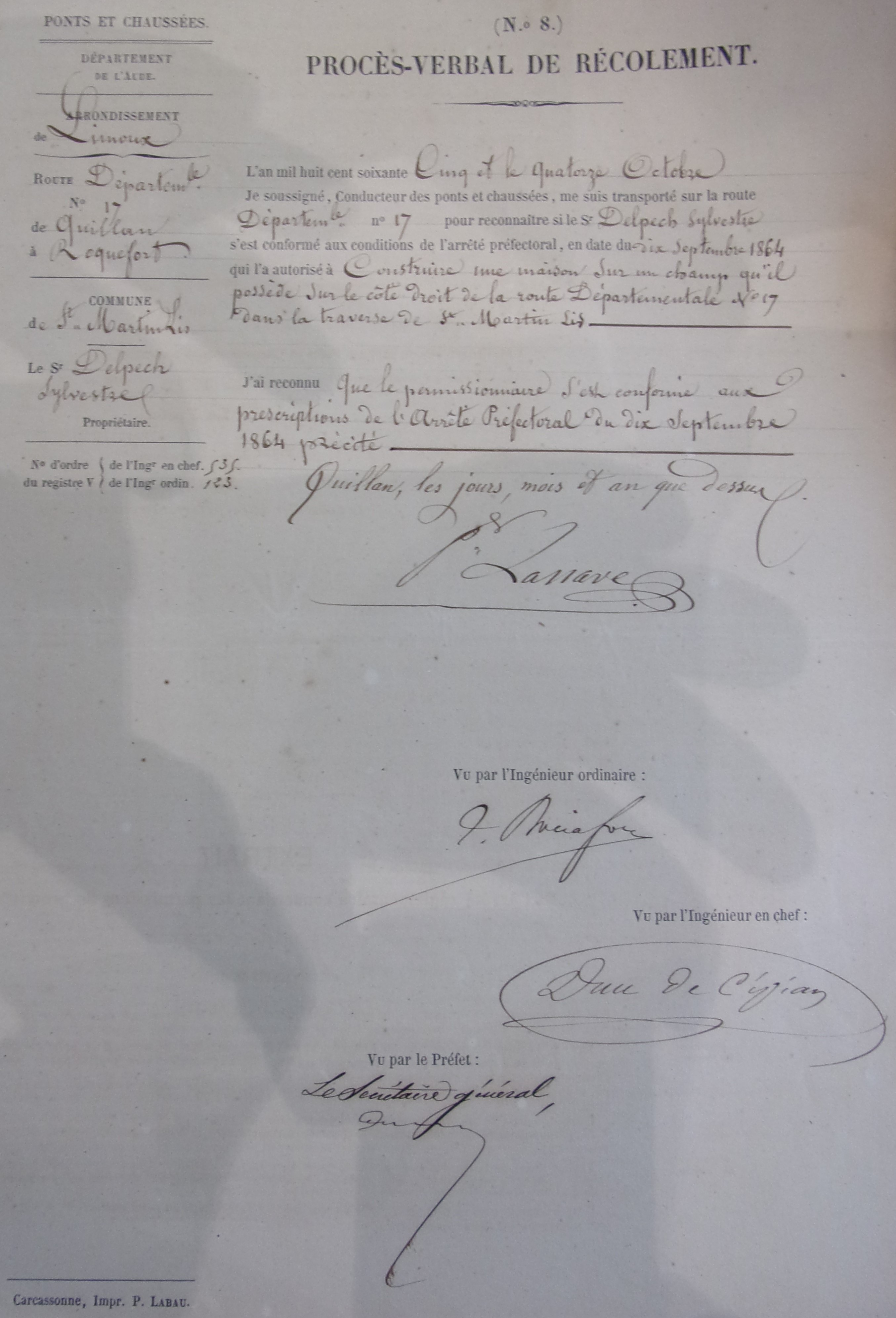 Création d'une construction à Saint Martin Lys sur la route départementale 17 par Sylvestre Delpech - Procès-verbal de récolement du 14 octobre 1865 - 1