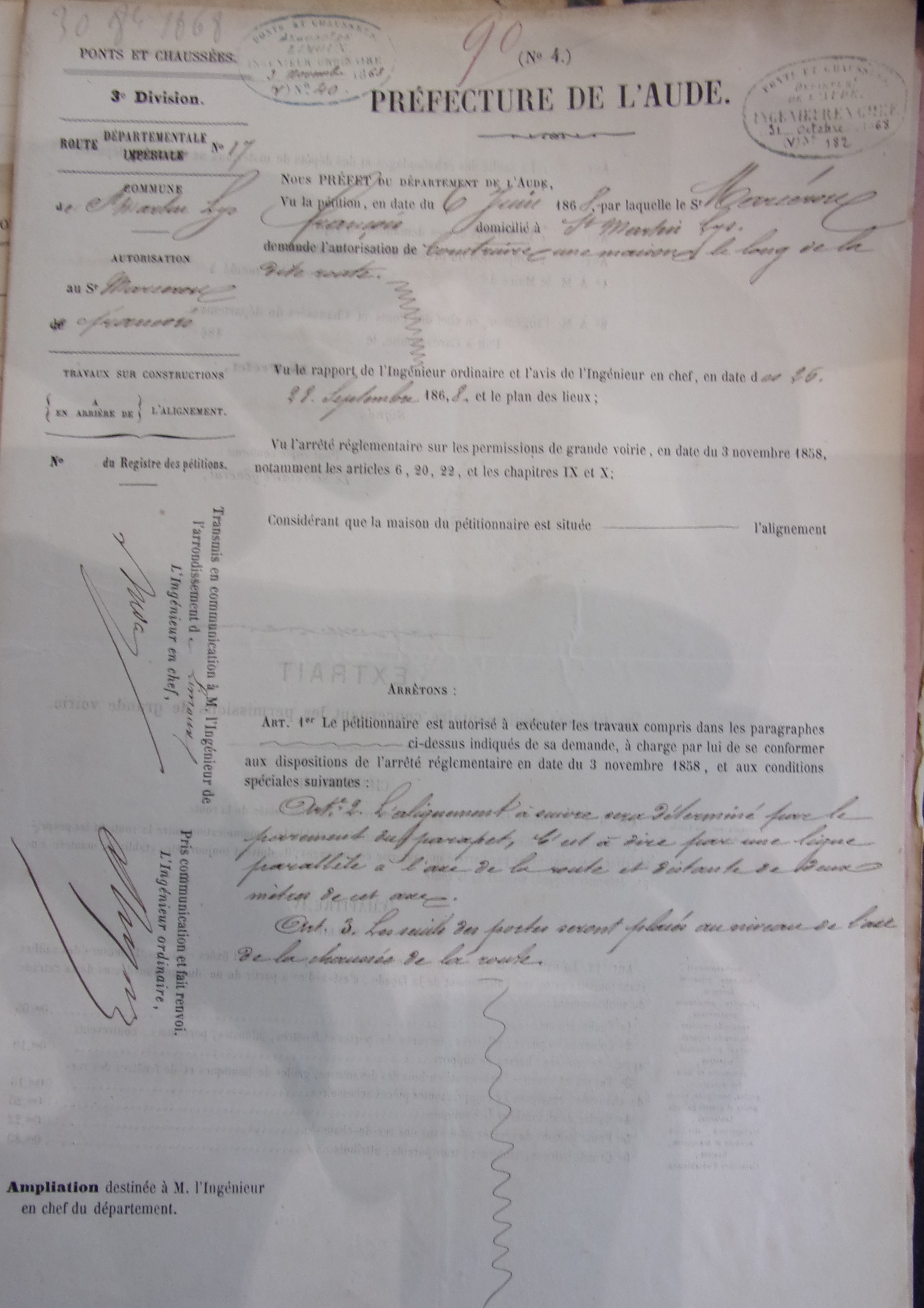 Demande de création d'une auberge sur la route départementale 17 par François Marcerou - Arrété d'Autorisation du 30 octobre 1868 - 2