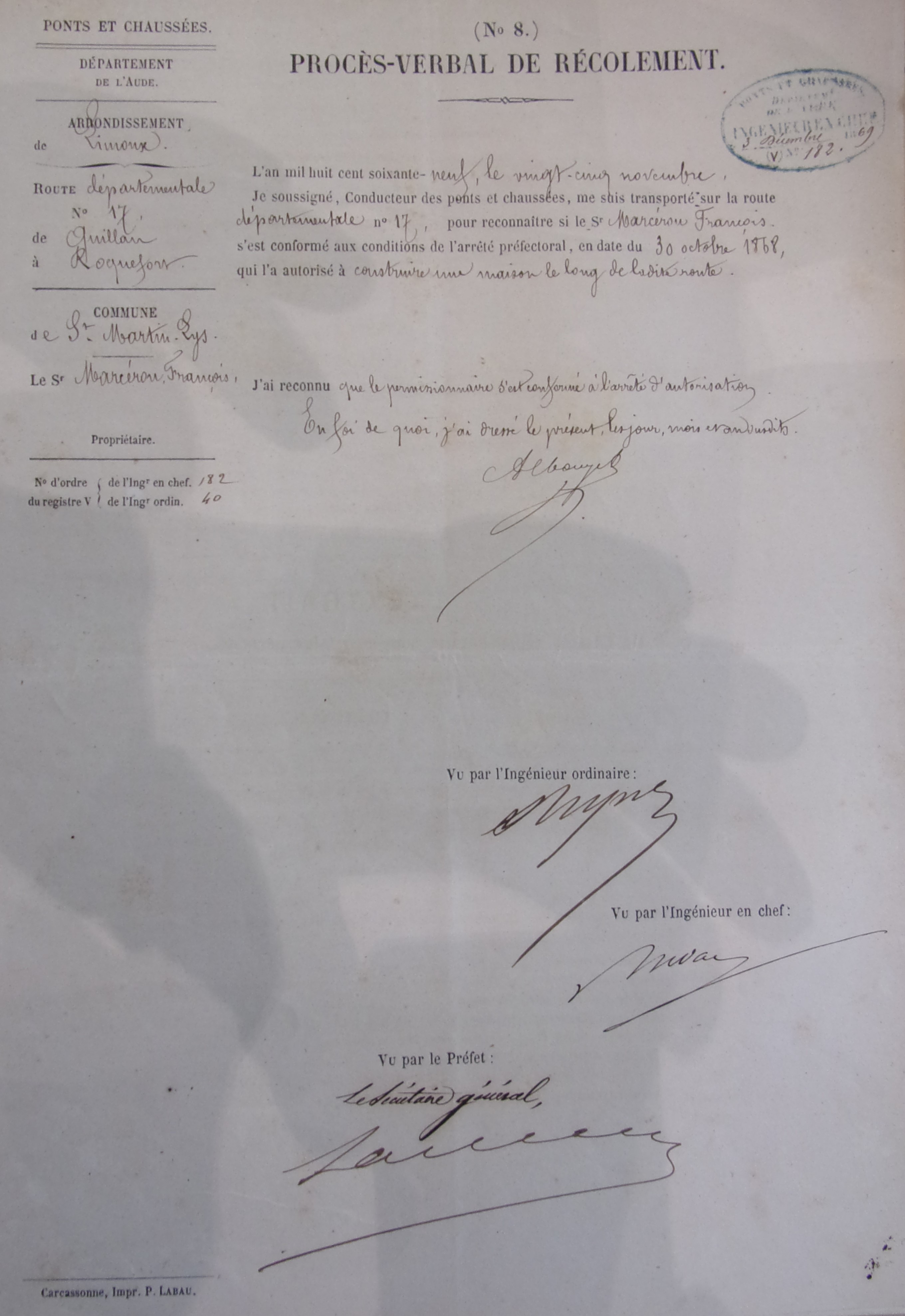 Demande de création d'une auberge sur la route départementale 17 par François Marcerou - Procès-verbal de récolement du 25 novembre 1869 - 1