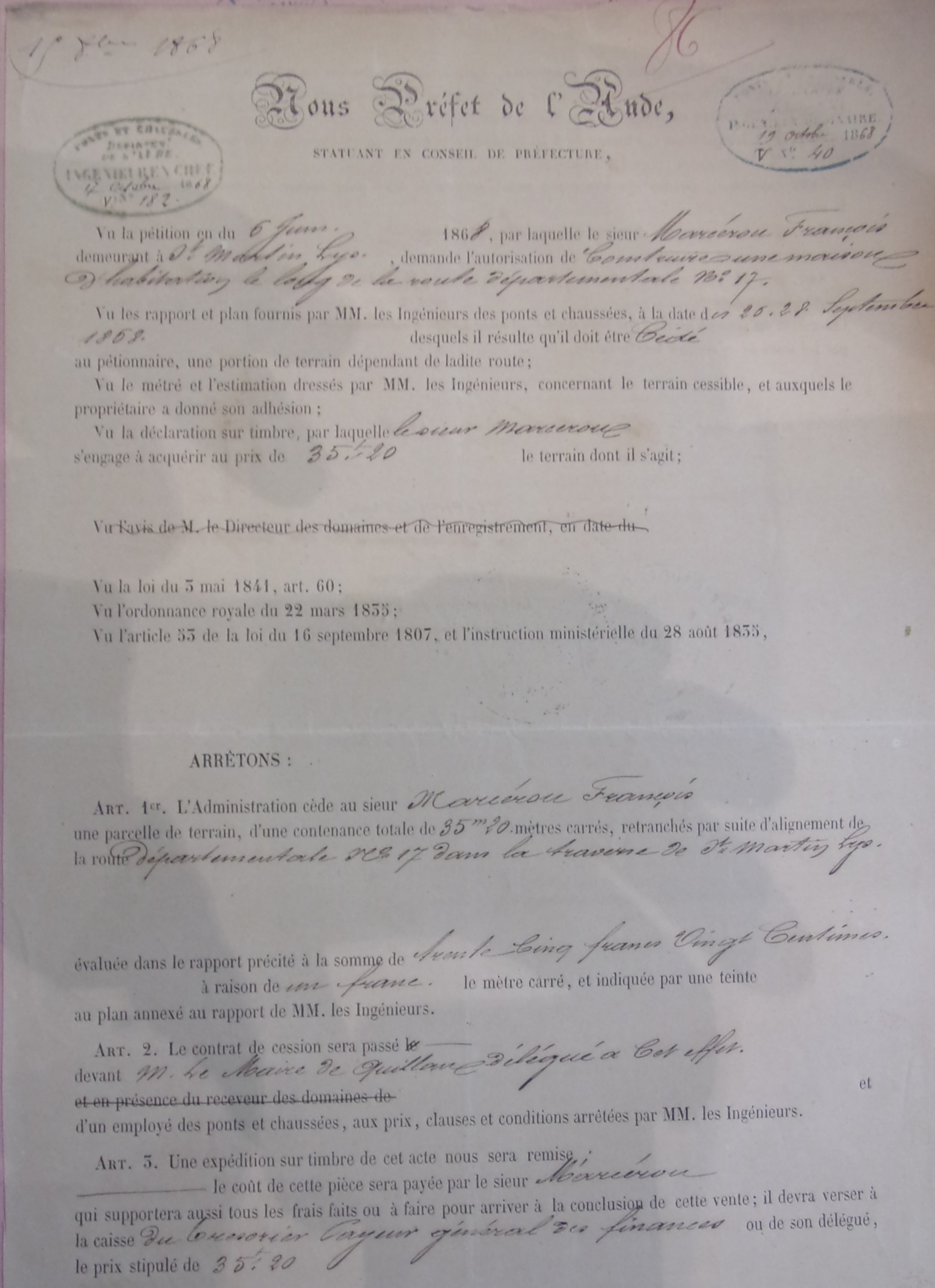 Demande de création d'une auberge sur la route départementale 17 par François Marcerou - Préfet de l'Aude statuant en conseil de préfecture du 15 octobre 1868 - 1