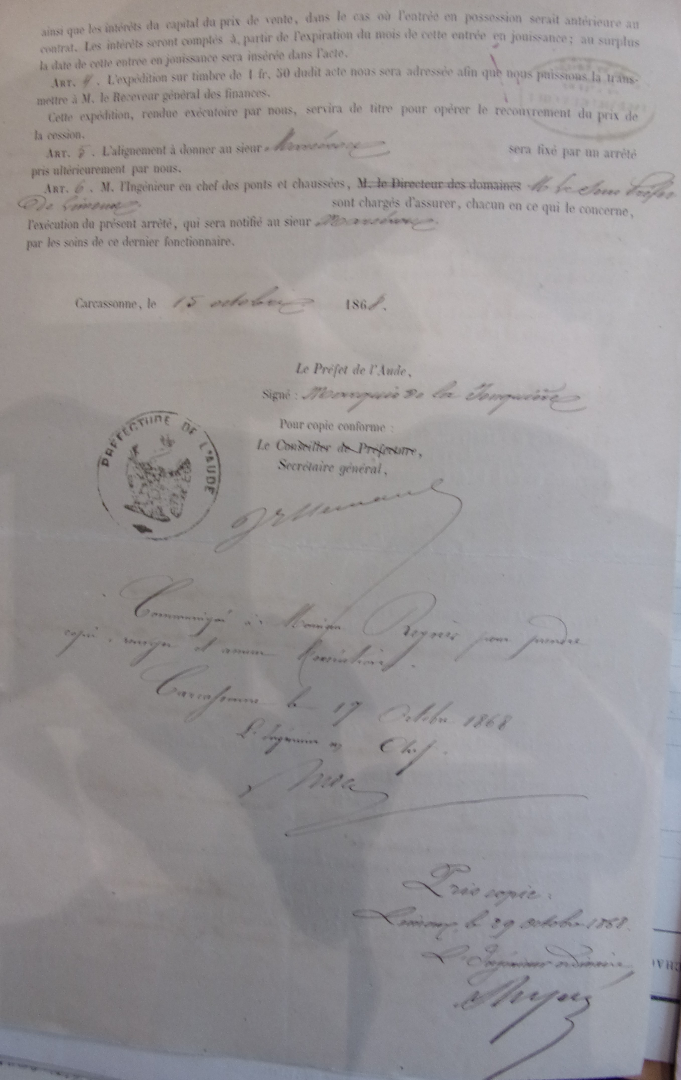 Demande de création d'une auberge sur la route départementale 17 par François Marcerou - Préfet de l'Aude statuant en conseil de préfecture du 15 octobre 1868 - 2