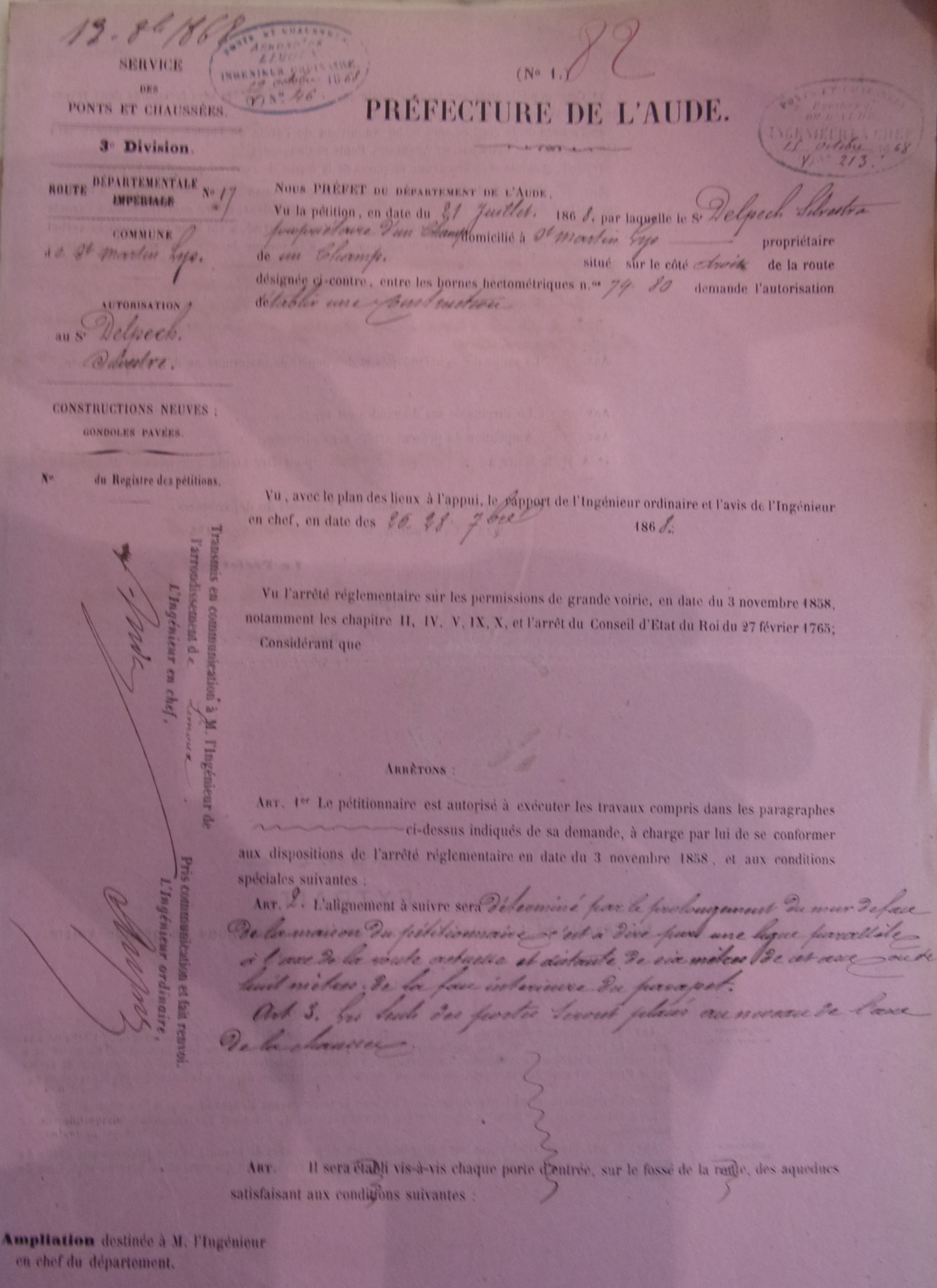 Création d'une construction à Saint Martin Lys sur la route départementale 17 par Sylvestre Delpech - Arrété d'Autorisation du 12 octobre 1868 - 2