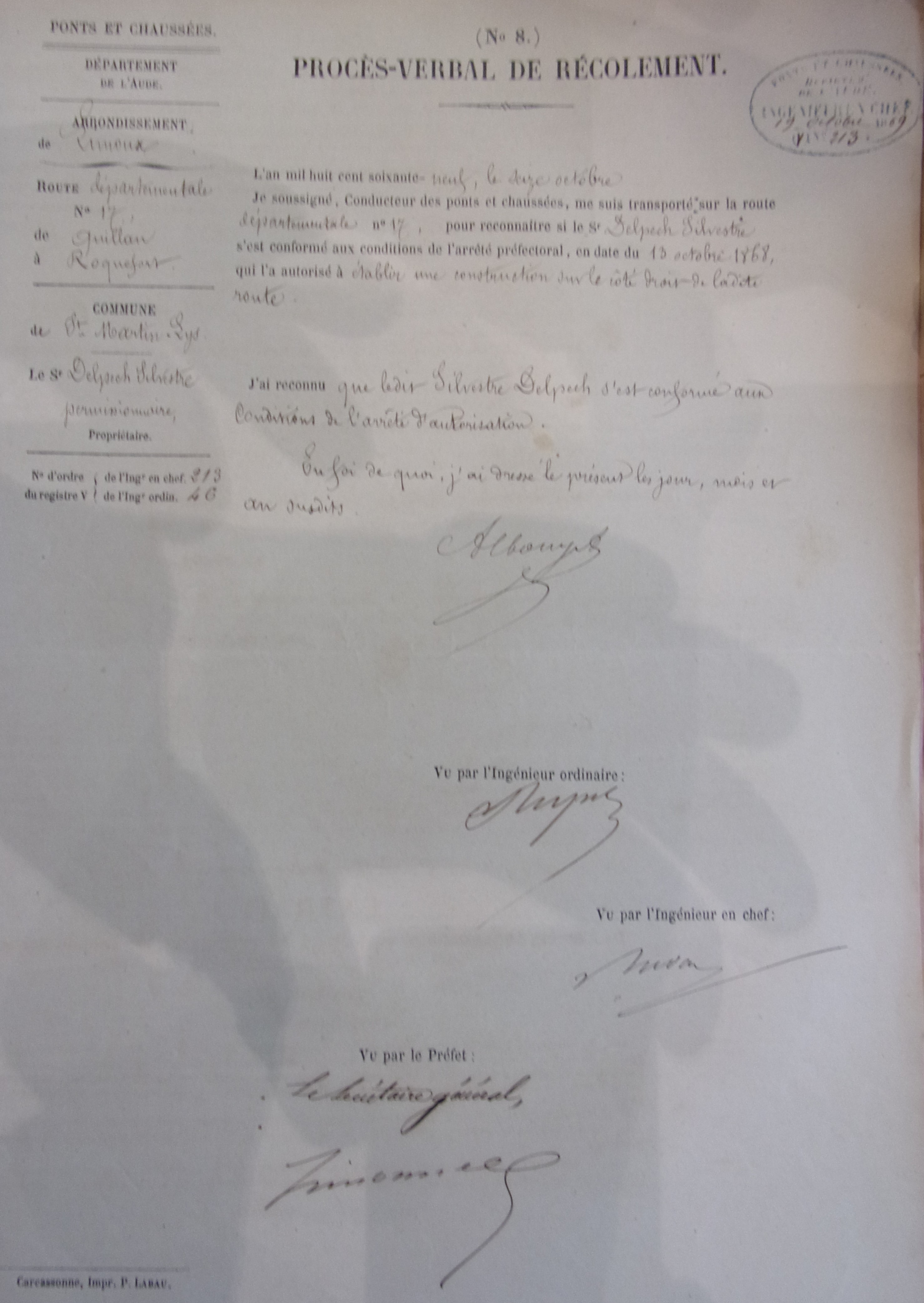 Création d'une construction à Saint Martin Lys sur la route départementale 17 par Sylvestre Delpech - Procès-verbal de récolement du 16 octobre 1869 - 1