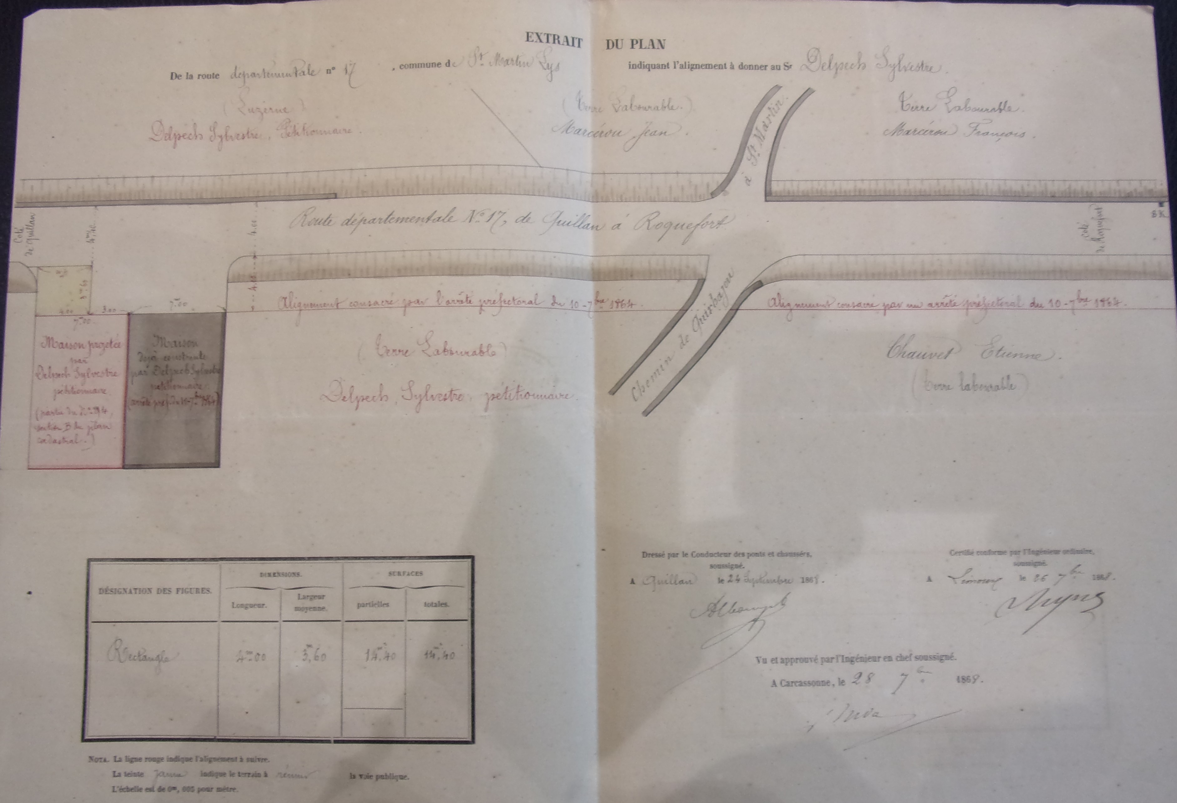Création d'une construction à Saint Martin Lys sur la route départementale 17 par Sylvestre Delpech - Extrait du plan du 24 septembre 1868 - 1
