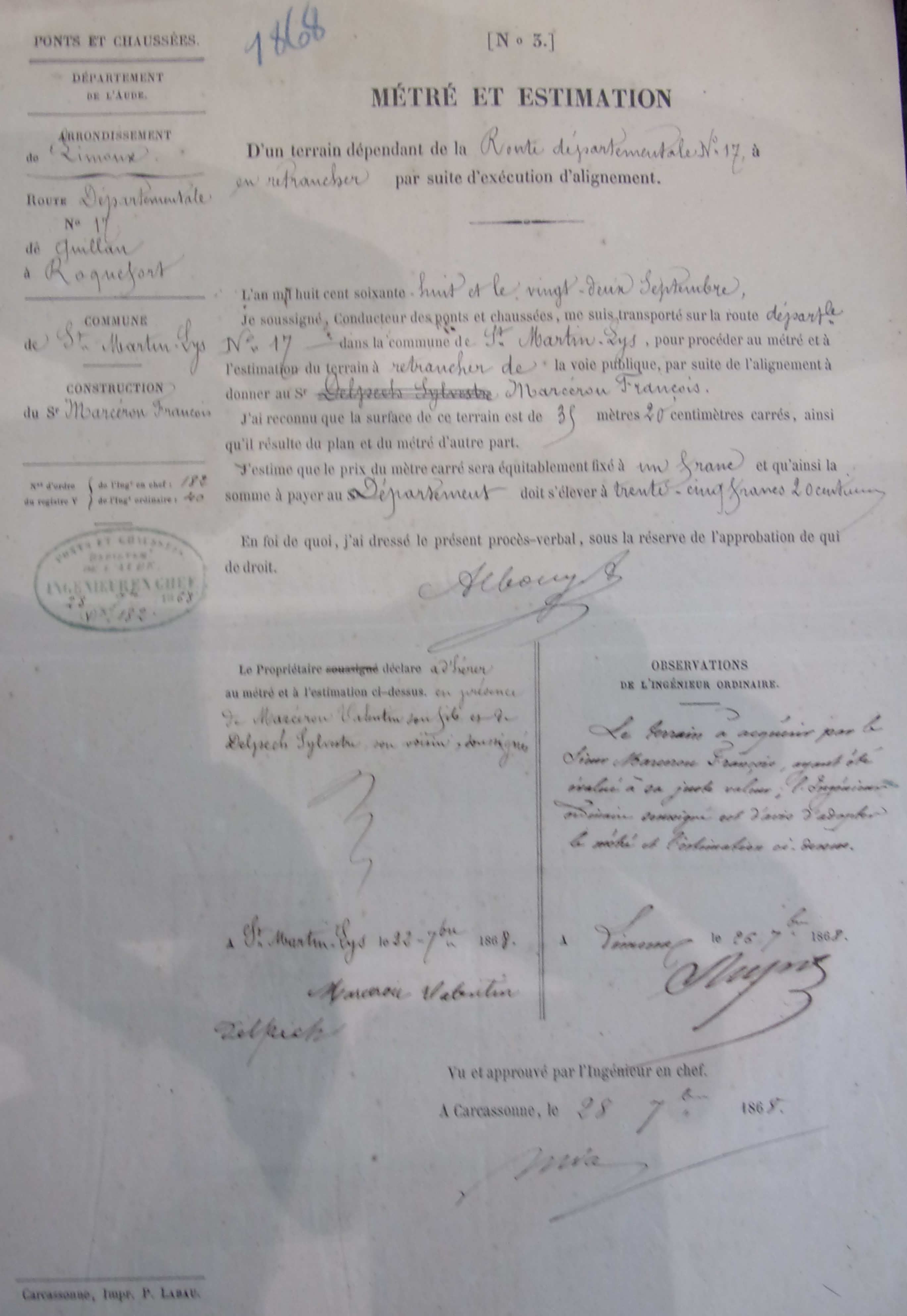 Demande de création d'une auberge sur la route départementale 17 par François Marcerou - Métré et estimation du 22 septembre 1868 - 1