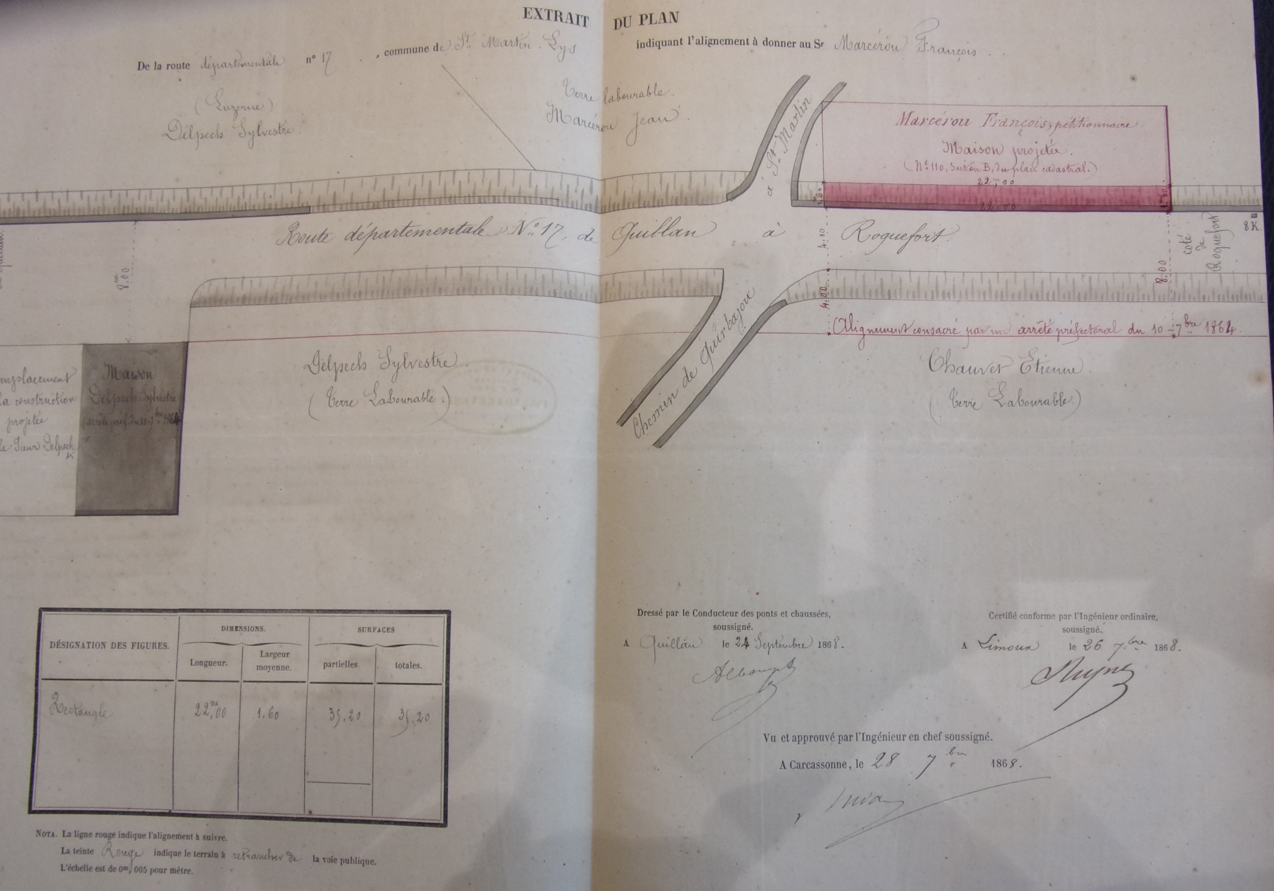 Demande de création d'une auberge sur la route départementale 17 par François Marcerou - Extrait du plan du 24 septembre 1868 - 1