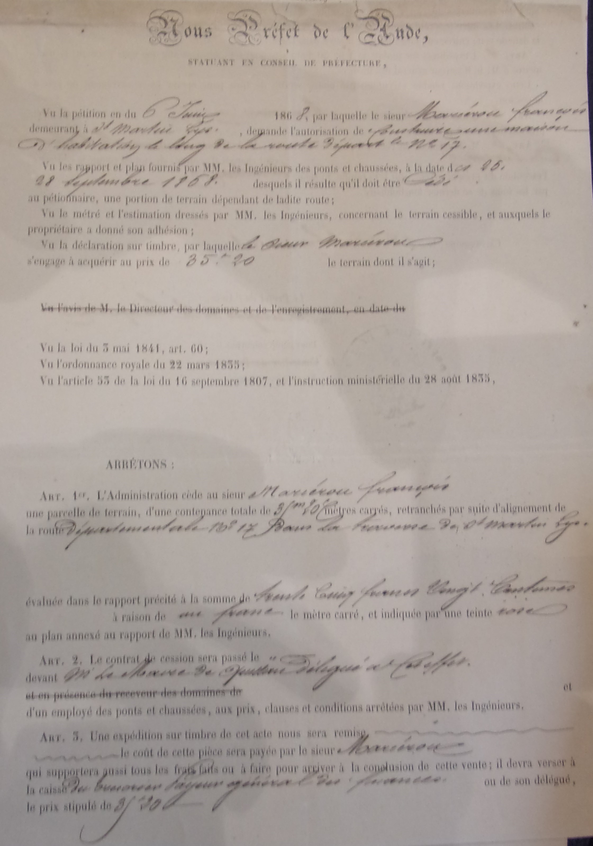 Demande de création d'une auberge sur la route départementale 17 par François Marcerou - Préfet de l'Aude statuant en conseil de préfecture du 15 octobre 1868 - 3