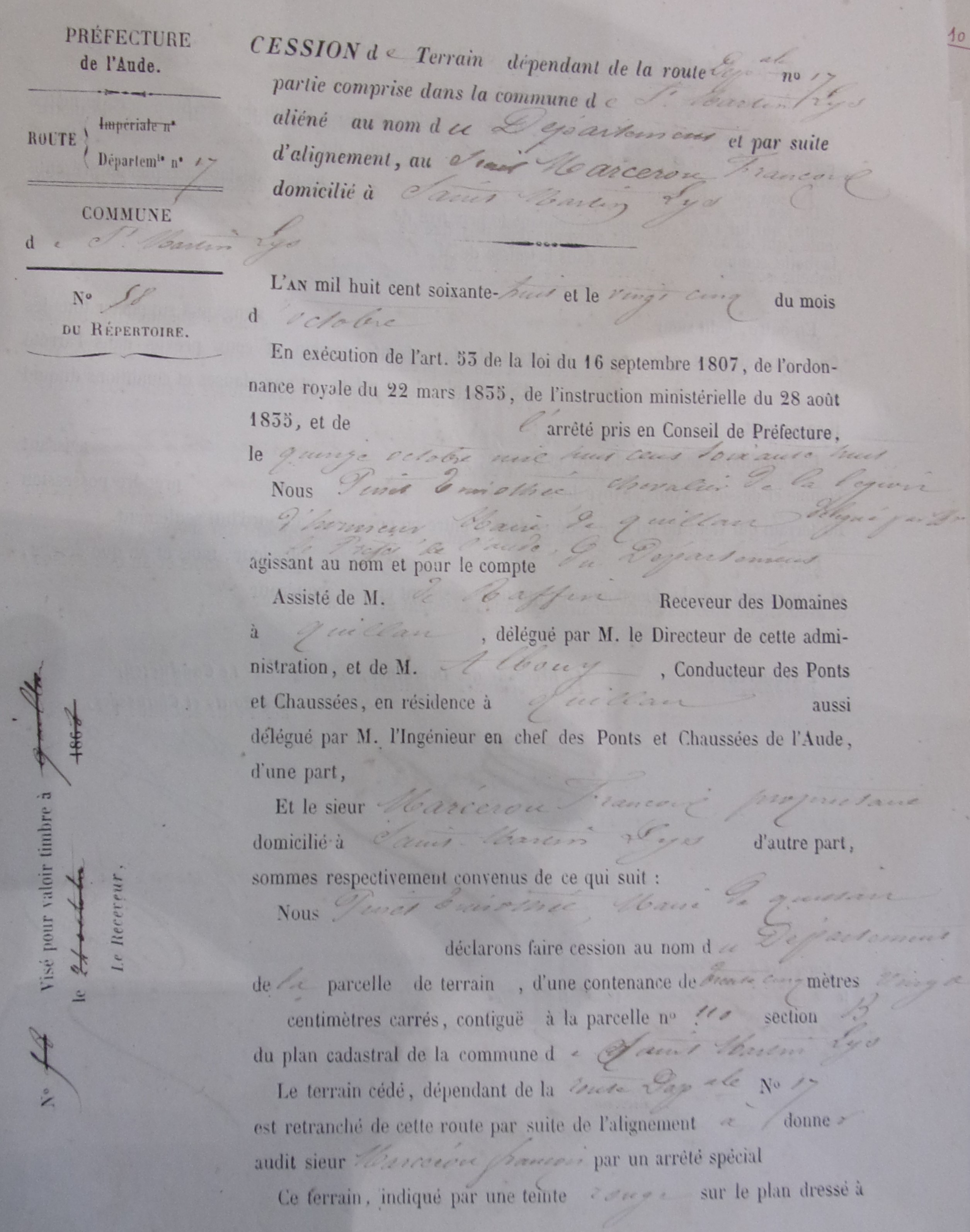 Demande de création d'une auberge sur la route départementale 17 par François Marcerou - Cession de terrain de la route du 25 octobre 1868 - 1