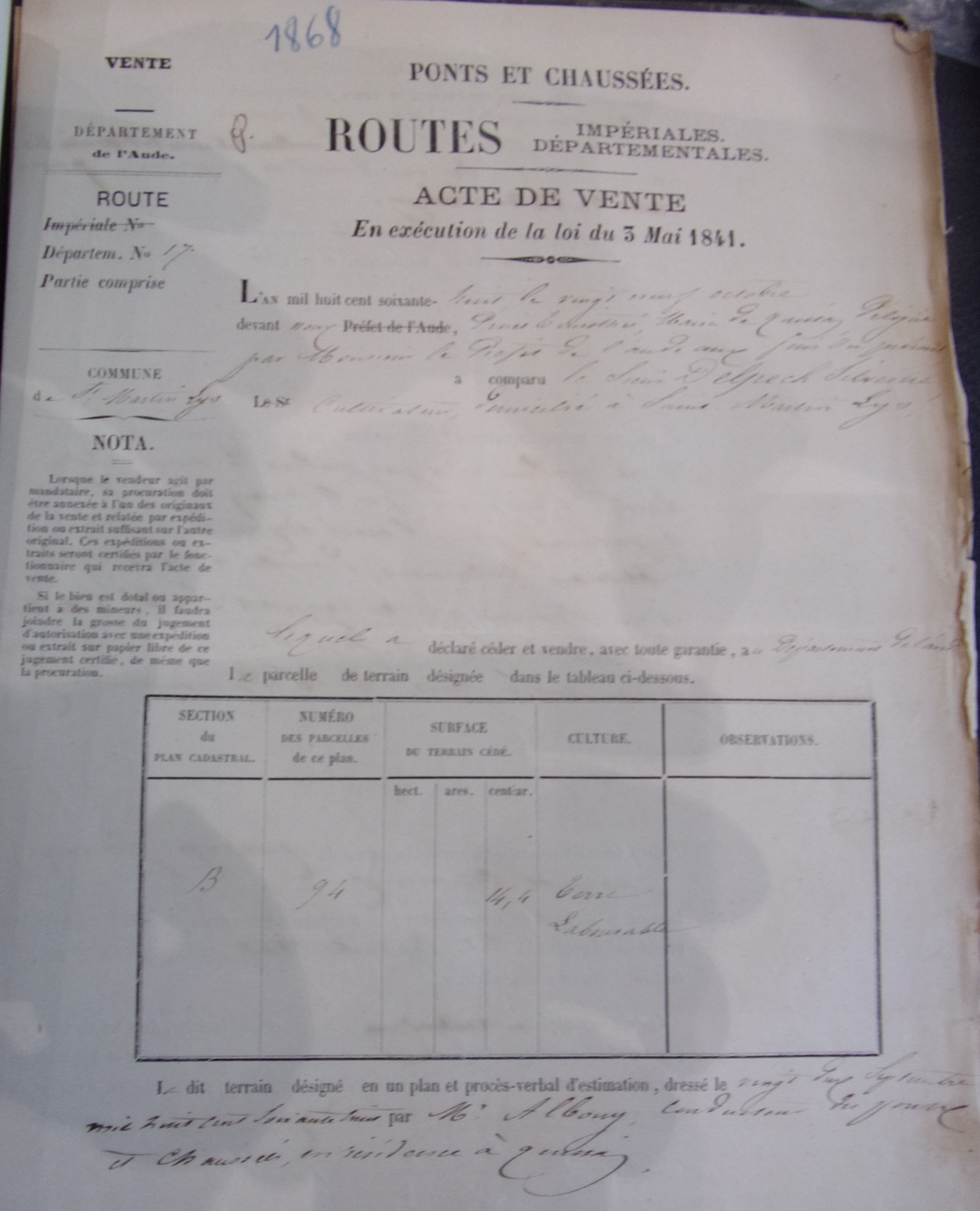 Création d'une construction à Saint Martin Lys sur la route départementale 17 par Sylvestre Delpech - Acte de vente du 29 octobre 1868 - 1