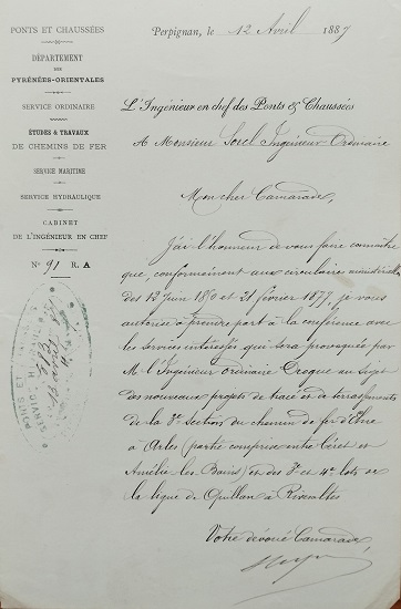 12 avril 1887 - Autorisation donnée à l'ingénieur ordinaire Sorel de participer à la conférence sur l'eau concernat les lot 3 et 4 de la ligne dans les PO