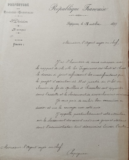 29 octobre 1889 - Dossier transmis par la préfecture à l'agent voyer pour les accès aux gares - 1