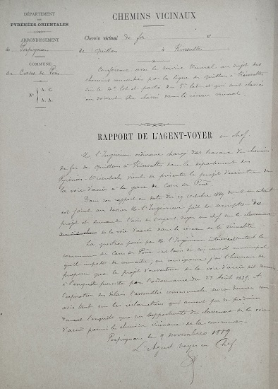 9 novembre 1889 - Réponse de l'agent voyer en chef au courrier du 29 octobre