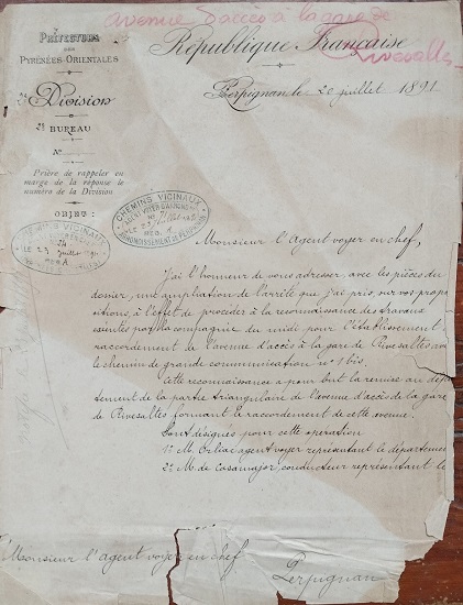 20 juillet 1891 - Courrier accompagnant le dossier transmis par la préfecture à l'agent voyer en chef sur l'accès à la gare de Rivesaltes - 1