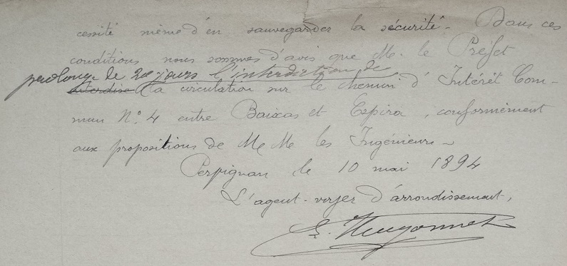 10 mai 1894 - Courrier sur l'interdiction de circulation entre Baixas et Espira pour les travaux de déviation - lot 4 - 2