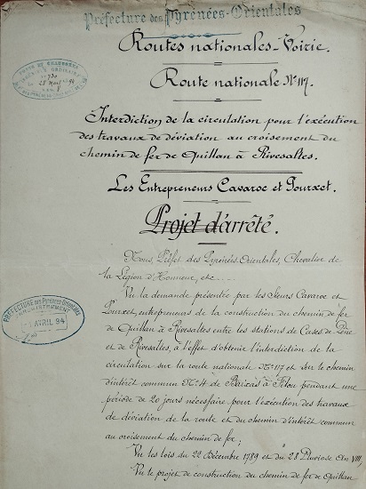 30 mars 1894 - Courrier sur l'interdiction de circulation entre Baixas et Espira pour les travaux de déviation - 1