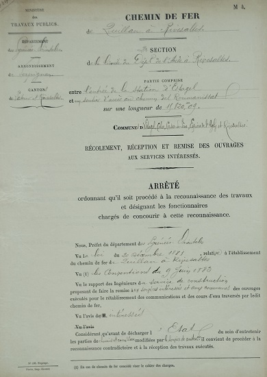7 février 1896 - Récolement, réception et remise des ouvrages aux services intéressés - Arrété préfectoral - 1