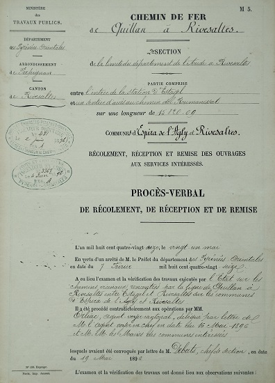 21 mai 1896 - Procès-verbal de Récolement, réception et remise des ouvrages aux services intéressés - 1