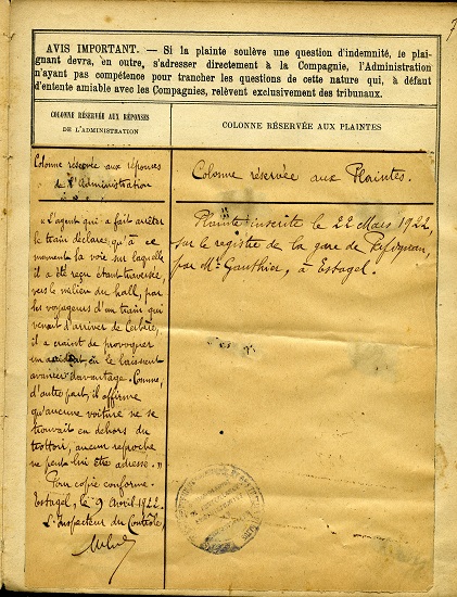 Registre des réclamations de la gare d'Estagel - 15