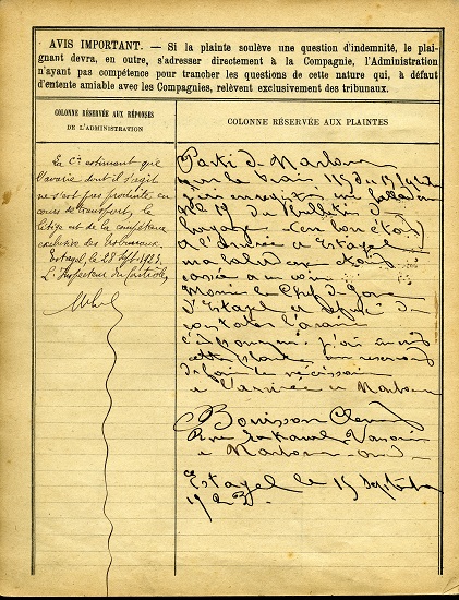 Registre des réclamations de la gare d'Estagel - 18