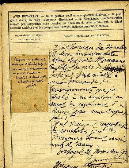 Registre des réclamations de la gare d'Estagel - 19