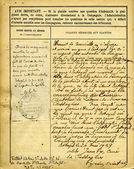 Registre des réclamations de la gare d'Estagel - 32