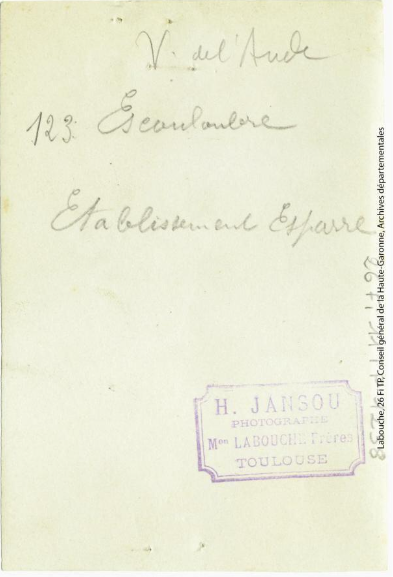 Vallée de l'Aude. 123. Escouloubre : établissement Esparre / photographie Henri Jansou (1874-1966). - Toulouse : maison Labouche frères, [entre 1900 et 1940]. - Photographie (1900/1940) - verso