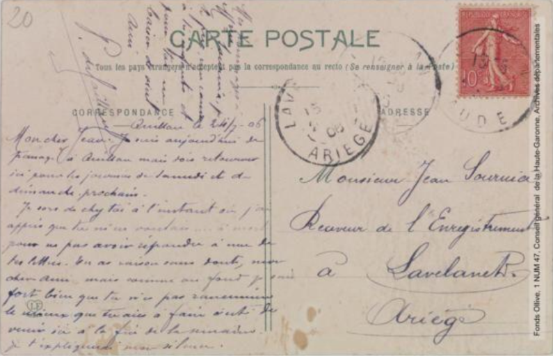 124. Carcanières : ensemble des établissements. - Toulouse : phototypie Labouche frères, marque LF au verso, [entre 1905 et 1925], tampon de la poste de 1906. - Carte postale (1905/1925) - verso