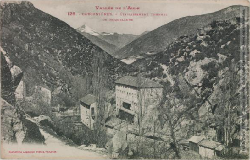 Vallée de l'Aude. 125. Carcanières : établissement thermal de Roquelaure / cliché A. Trantoul [photographie Amédée Trantoul (1837-1910)]. - Toulouse : phototypie Labouche frères, marque LF au verso, [1904], tampon de la poste de 1904. - Carte postale (1904/1904) - recto2