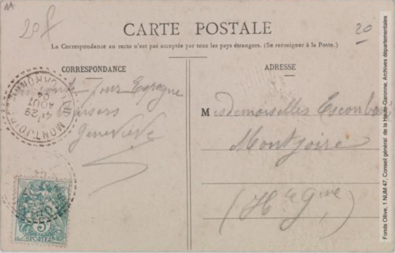 Vallée de l'Aude. 125. Carcanières : établissement thermal de Roquelaure / cliché A. Trantoul [photographie Amédée Trantoul (1837-1910)]. - Toulouse : phototypie Labouche frères, marque LF au verso, [1904], tampon de la poste de 1904. - Carte postale (1904/1904) - verso