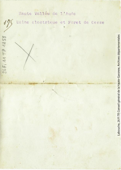 Haute vallée de l'Aude. 175. Usine électrique et forêt de Gesse. - Toulouse : maison Labouche frères, [entre 1900 et 1940]. - Photographie (1900/1940) - verso