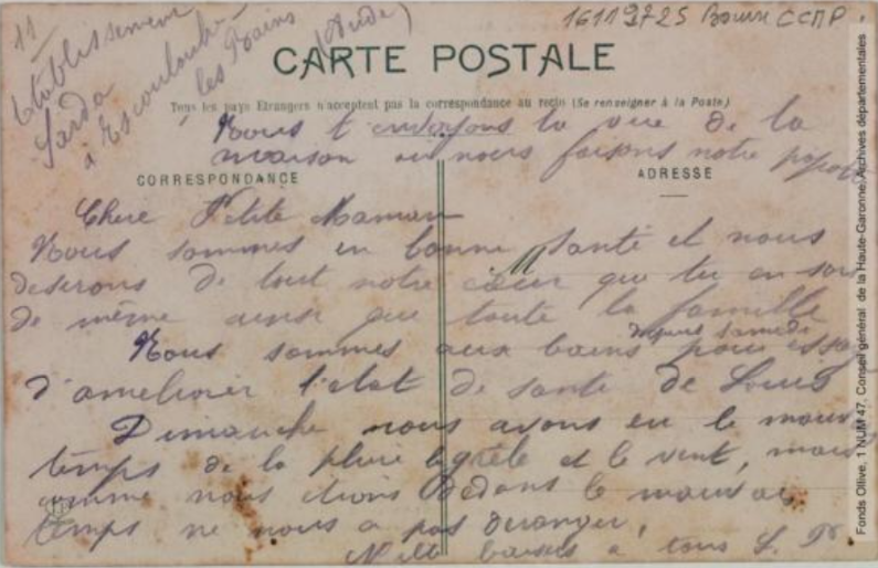 Vallée de l'Aude. 222 bis. Escouloubre-les-Bains : établissement Sarda : café, maison des ménages. - Toulouse : phototypie Labouche frères, marque LF au verso, [entre 1909 et 1925]. - Carte postale (1909/1925) - verso