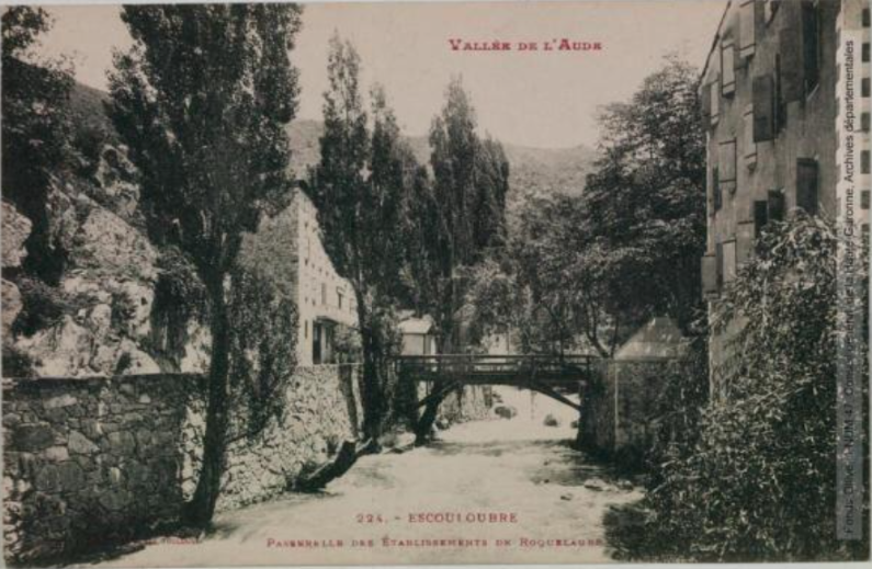 Vallée de l'Aude. 224. Escouloubre : passerelle des établissements de Roquelaure. - Toulouse : phototypie Labouche frères, marque LF au verso, [entre 1909 et 1925]. - Carte postale (1909/1925) - recto