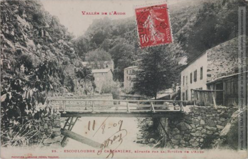 Vallée de l'Aude. 25. Escouloubre et Carcanière [Carcanières], séparés par la rivière de l'Aude / [photographie Henri Jansou (1874-1966)]. - Toulouse : phototypie Labouche frères, marque LF au verso, [entre 1905 et 1925]. - Carte postale (1905/1925) - recto 2