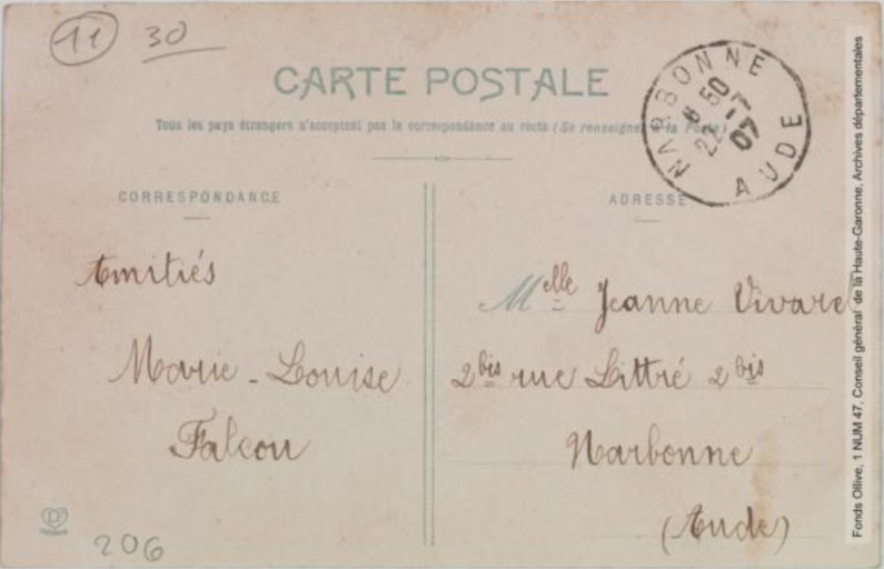 Vallée de l'Aude. 25. Escouloubre et Carcanière [Carcanières], séparés par la rivière de l'Aude / [photographie Henri Jansou (1874-1966)]. - Toulouse : phototypie Labouche frères, marque LF au verso, [entre 1905 et 1925], tampon de la poste de 1907. - Carte postale (1905/1925) - verso