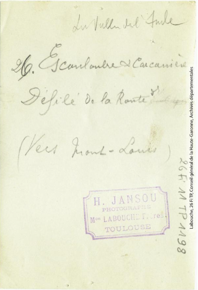 La vallée de l'Aude. 26. Escouloubre & Carcanières : défilé de la route (vers Mont-Louis) / photographie Henri Jansou (1874-1966). - Toulouse : maison Labouche frères, [entre 1900 et 1940]. - Photographie (1900/1940) - verso