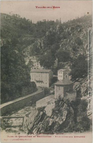 Vallée de l'Aude. 26. Les gorges de l'Aude. Bains de Carcanières et Escouloubre : établissements Esparre / [photographie Amédée Trantoul (1837-1910)]. - Toulouse : phototypie Labouche frères, [entre 1911 et 1925]. - Carte postale (1911/1925) - recto