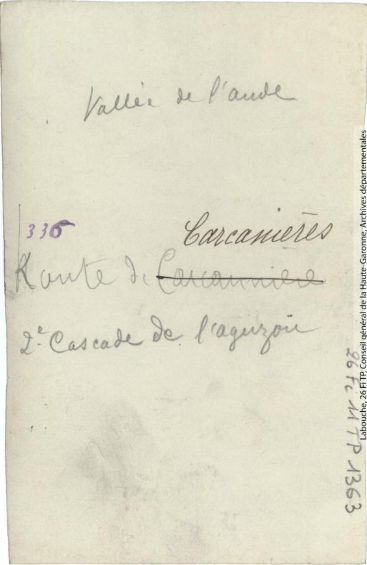 Vallée de l'Aude. 336. Route de Carcanières : 2e cascade de l'Aguzou. - Toulouse : maison Labouche frères, [entre 1900 et 1940]. - Photographie (1900/1940) - verso