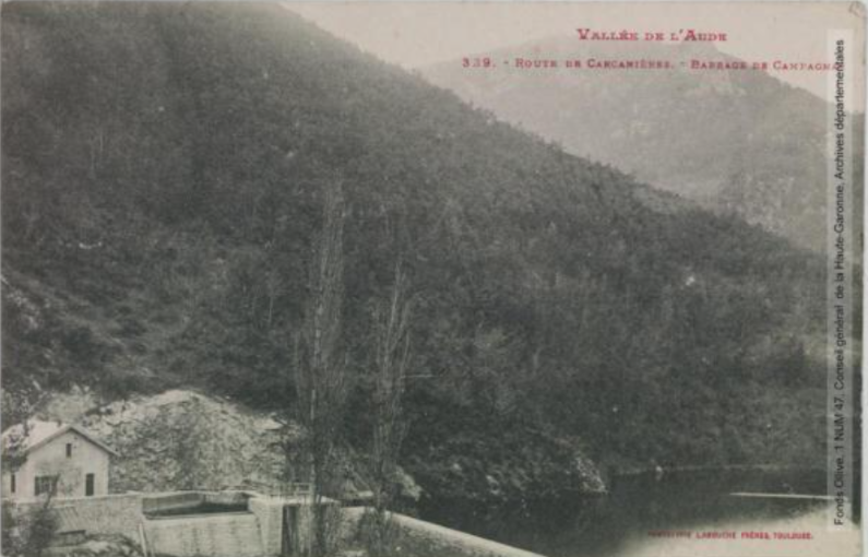 Vallée de l'Aude. 339. Route de Carcanières. Barrage de Campagnac. - Toulouse : phototypie Labouche frères, marque LF au verso, [entre 1909 et 1925]. - Carte postale (1909/1925) - recto