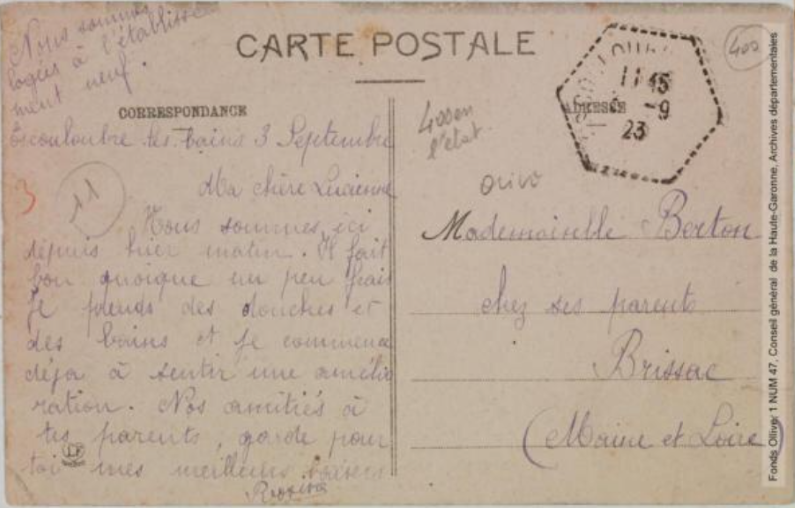 Vallée de l'Aude. 473. Escouloubre : devant les établissements Sarda : départ des autobus. - Toulouse : phototypie Labouche frères, marque LF au verso, [entre 1911 et 1925]. - Carte postale (1911/1925) - verso