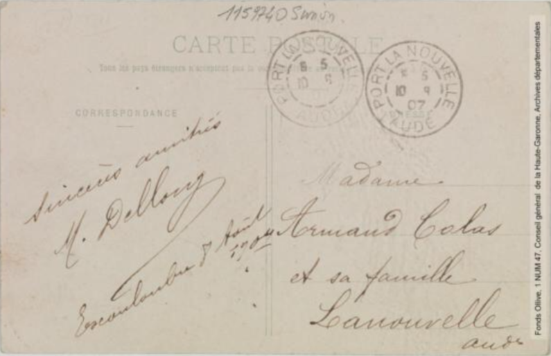 Un bonjour d'Escouloubre. - Toulouse : phototypie Labouche frères, marque LF au verso, [entre 1905 et 1925], tampon de la poste de 1907. - Carte postale. - (collection Labouche frères, n° 67) (1905/1925) - verso