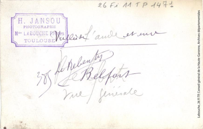 Vallée de l'Aude et environs. 385. Le Rebenty. Belfort[-sur-Rebenty] : vue générale / photographie Henri Jansou (1874-1966). - Toulouse : maison Labouche frères, [entre 1900 et 1940] verso