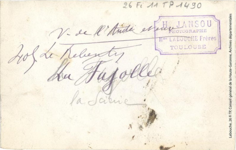 Vallée de l'Aude et environs. 405. Le Rebenty : La Fajolle : la scierie / photographie Henri Jansou (1874-1966). - Toulouse : maison Labouche frères, [entre 1900 et 1940]. - Photographie verso